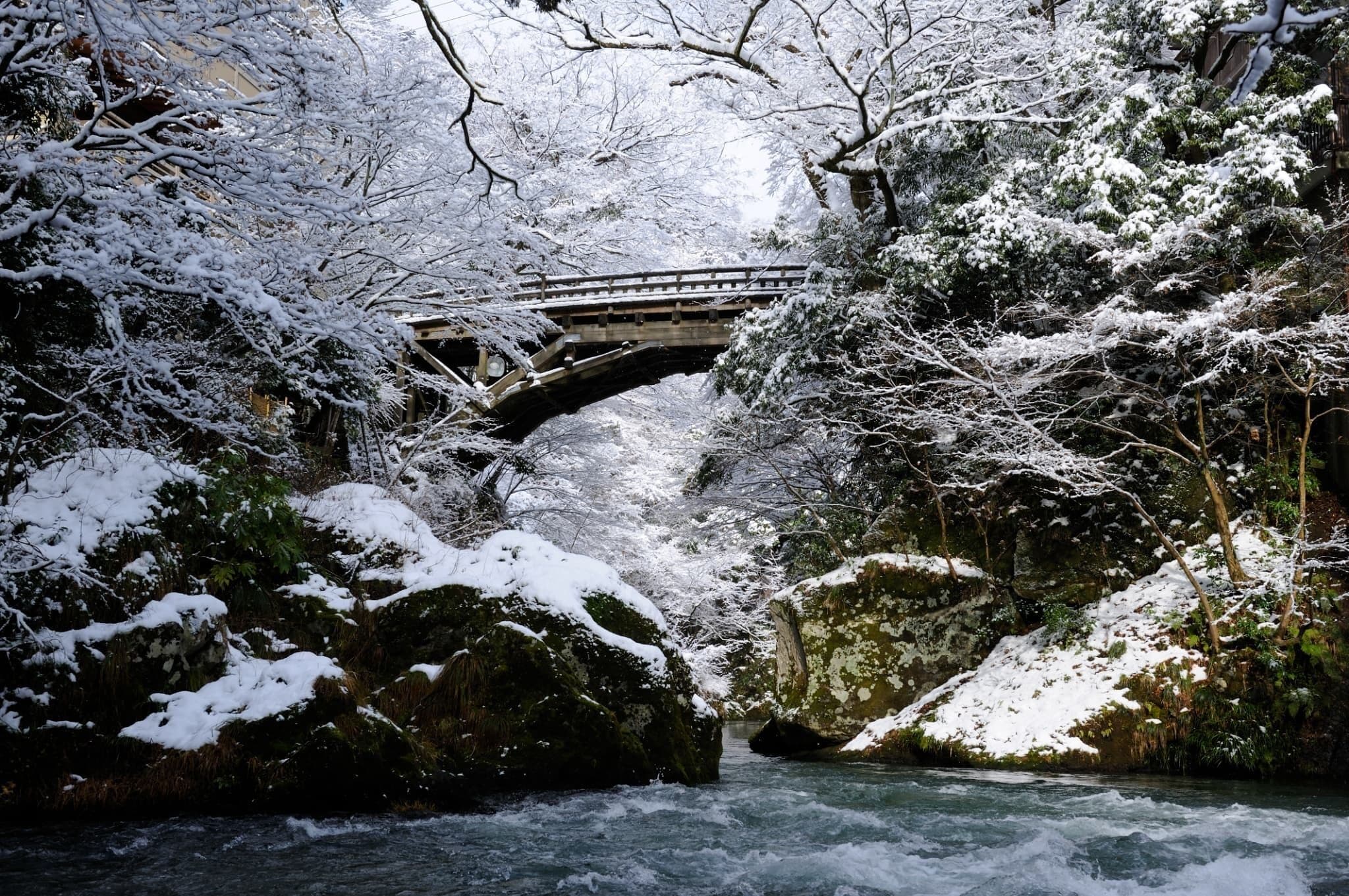Eine Steinbrücke über einem Fluss, umgeben von schneebedeckten Bäumen.