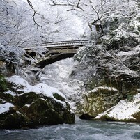 Un puente de piedra sobre un río, rodeado de árboles y rocas cubiertas de nieve.