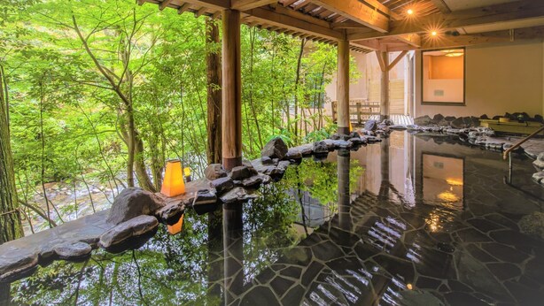 A traditional Japanese onsen with a stone bath, wooden pillars, and a view of lush greenery.