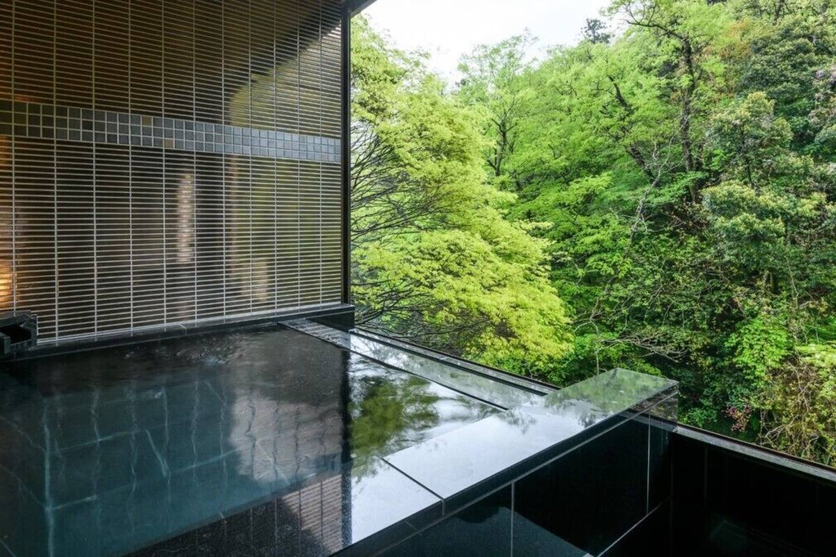 A modern interior with a reflective floor, a seating area, and a view of a lush green forest.