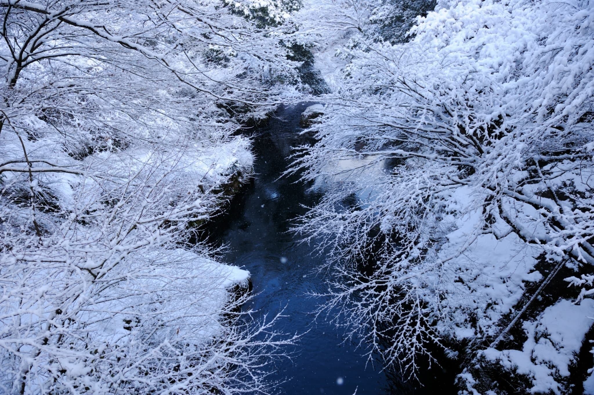A snow-covered landscape with a river.