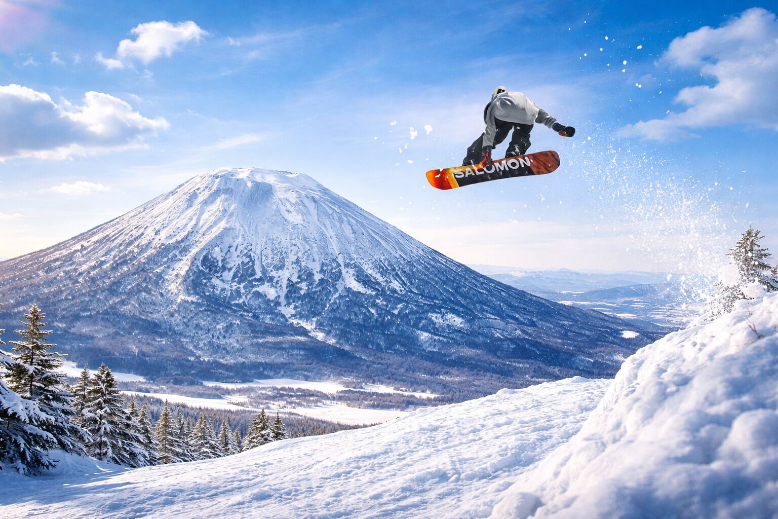 Un snowboardeur en plein saut, avec une montagne enneigée et un ciel dégagé en arrière-plan.