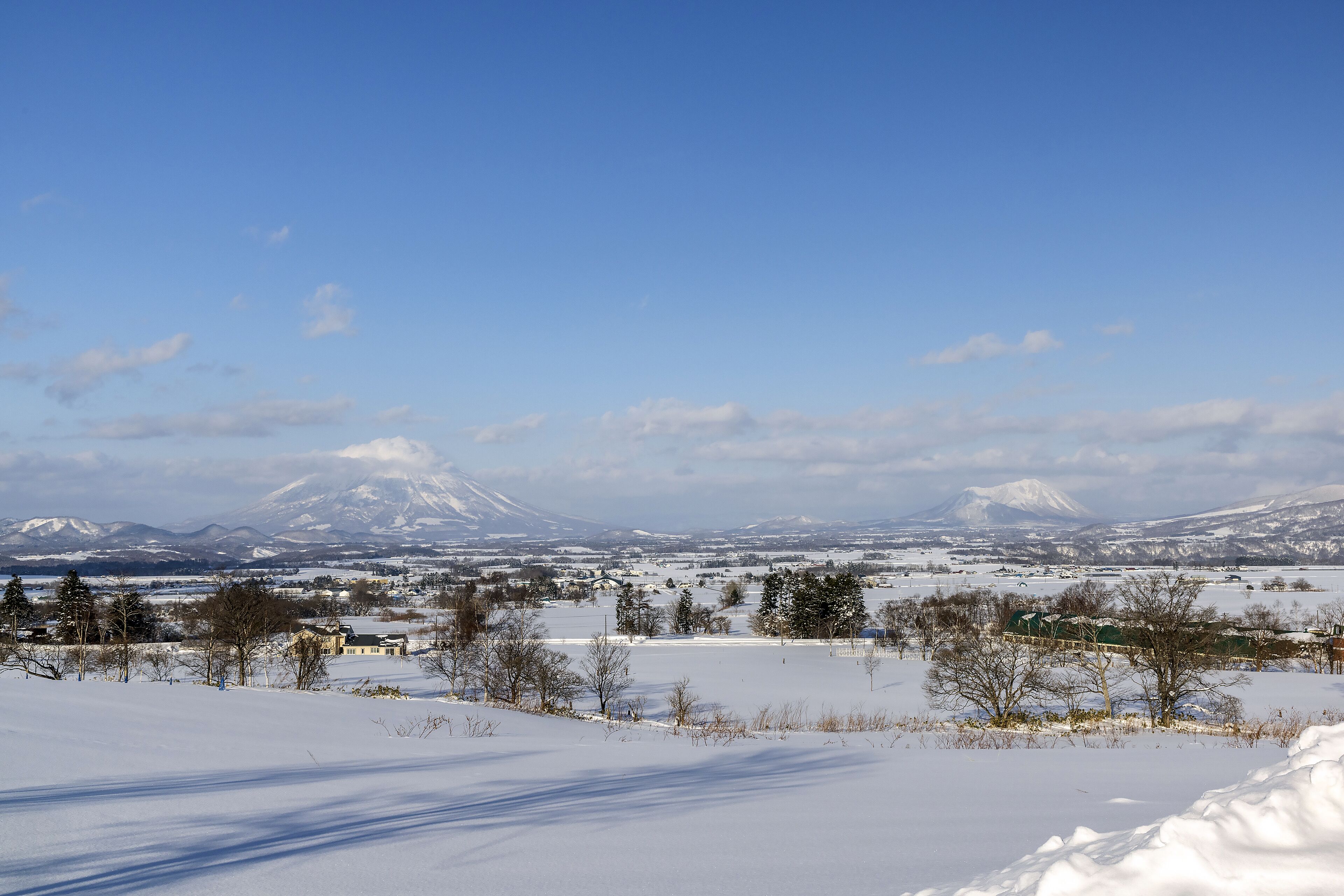 A snowy landscape with a mountain in the background.