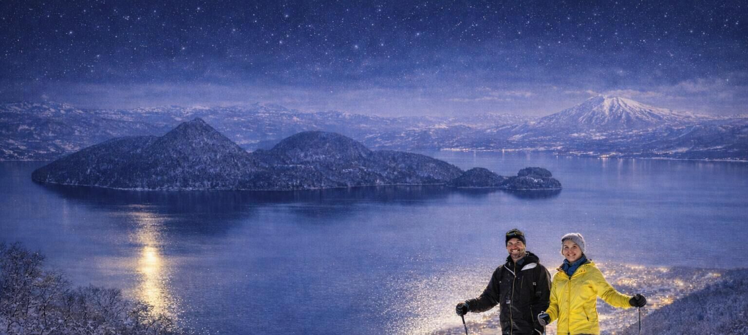 A snowy landscape with a lake and mountains under a starry night sky.