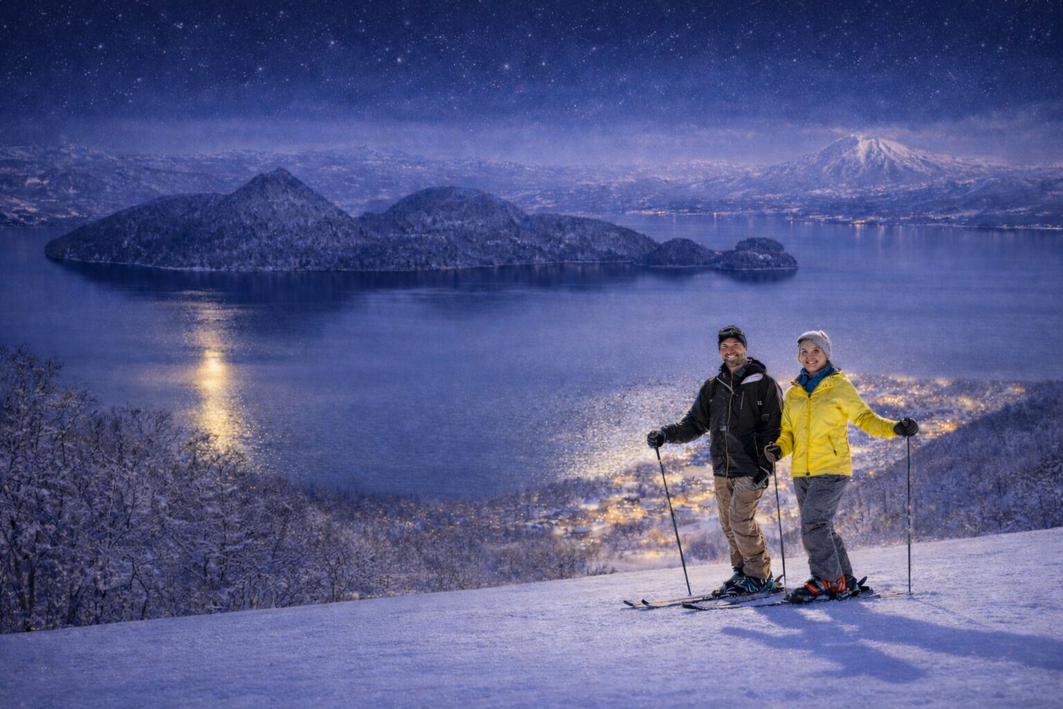 Dos personas esquiando en una pendiente nevada, con un lago y montañas al fondo.