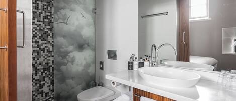 A modern bathroom with a shower, toilet, and dual sinks.