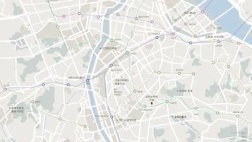 A detailed map of a city with various transportation routes and landmarks.