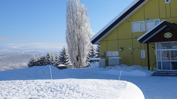 Een geel gebouw met een met sneeuw bedekte dak, omringd door met sneeuw bedekte bomen en een heldere blauwe lucht.