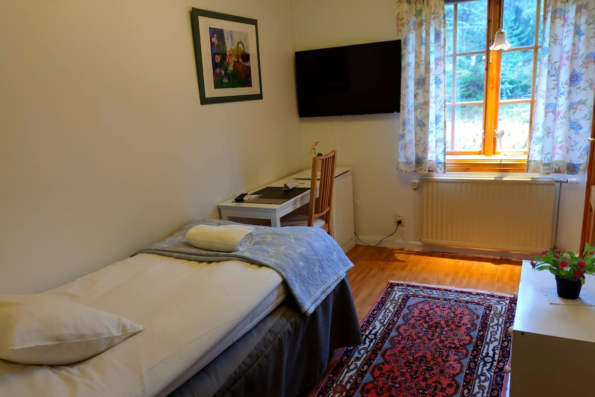A small, tidy bedroom with a single bed, a desk, a chair, a TV, and a window with curtains.