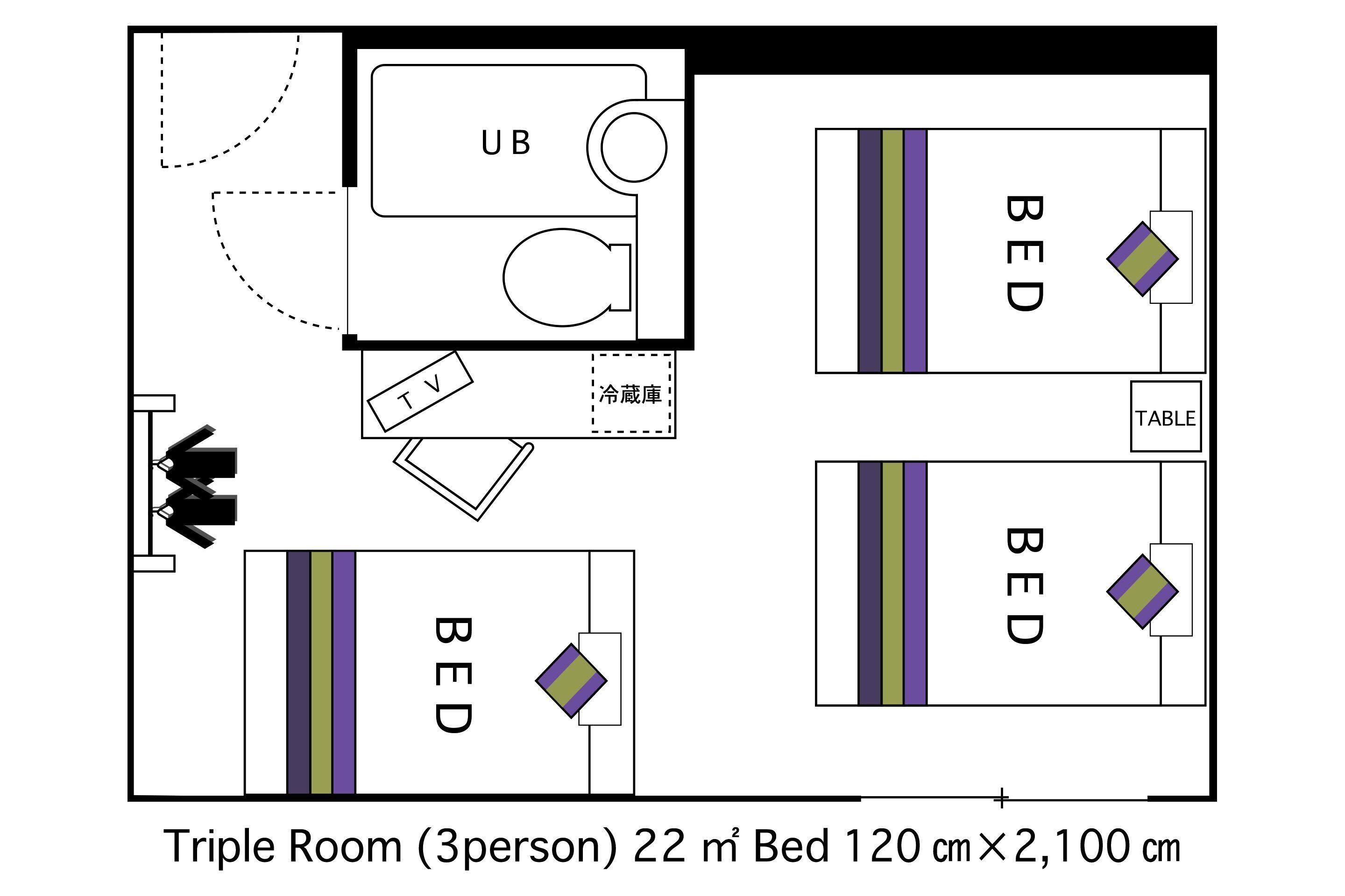 A triple room layout with a bed, table, and TV.