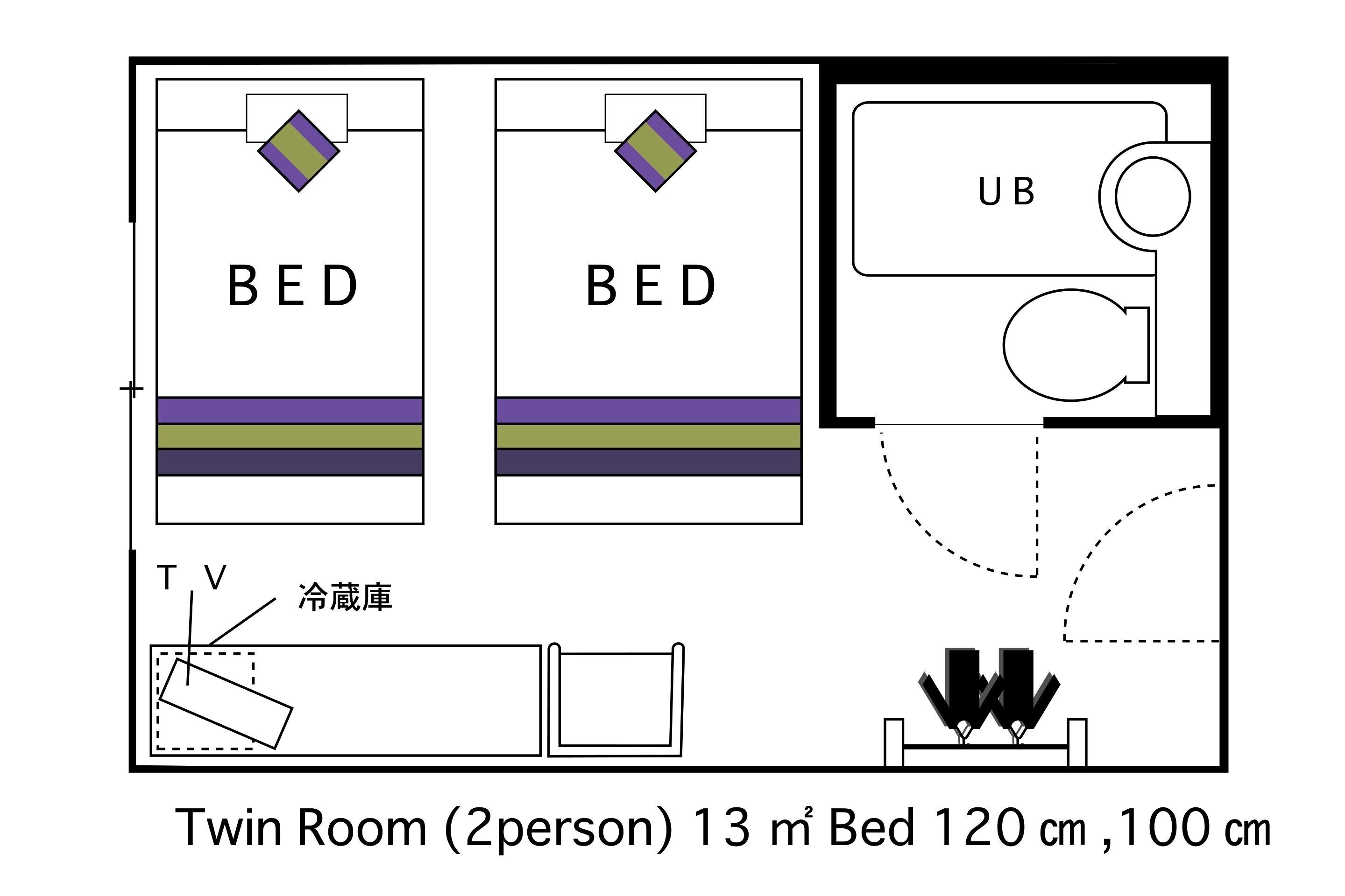 A twin room layout with two beds, a TV, and a storage unit.
