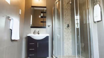 Combined shower/bathtub, free toiletries, hair dryer, towels