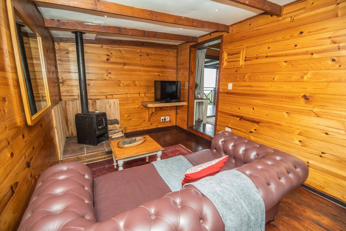 A cozy wooden cabin interior with a leather sofa, a television on a wooden stand, and a fireplace.