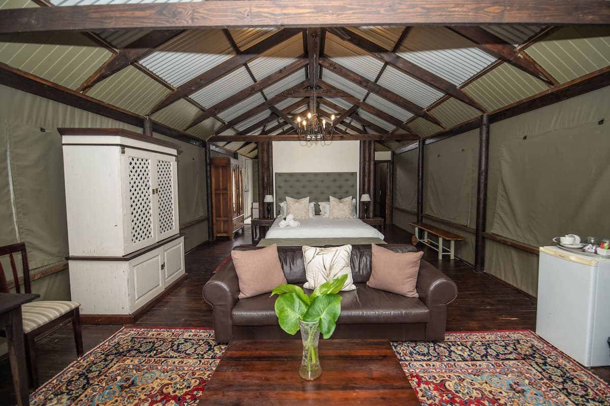 A bedroom with a bed, a dresser, a bench, and a table with a plant.