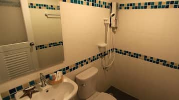 Shower, free toiletries, hair dryer, towels