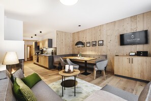 Deluxe Apartment, 3 Bedrooms, Fireplace | Living area | Flat-screen TV, tablet, MP3 dock - Valentin Design Apartments (Soelden)