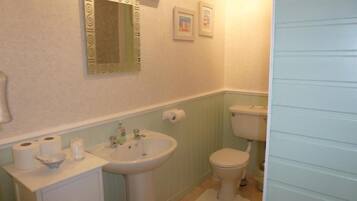 Une salle de bain avec un lavabo, des toilettes et un miroir.