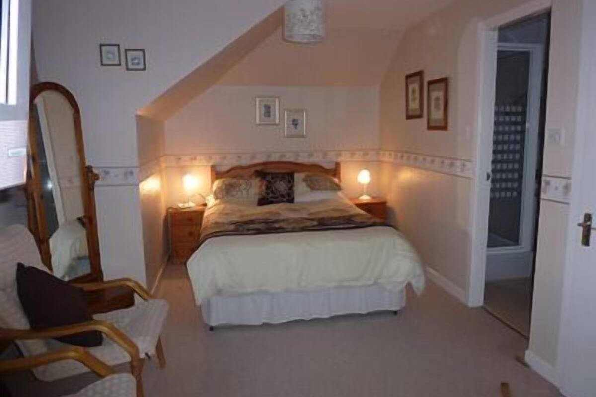 A bedroom with a bed, bedside tables, a chair, and a mirror.