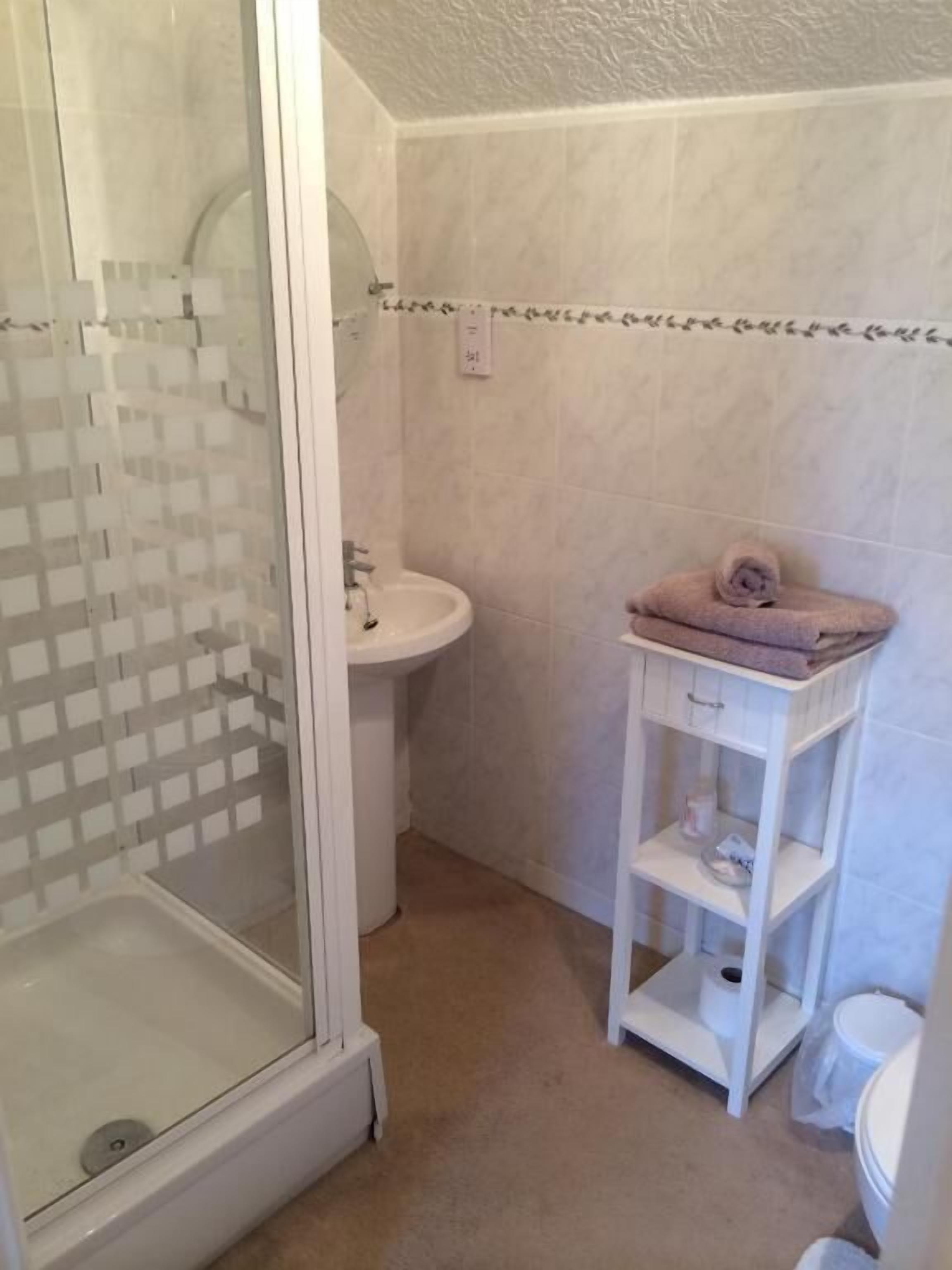 Un baño con cabina de ducha de vidrio, un lavabo, un inodoro y un estante blanco con una toalla.
