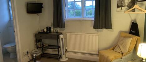 A hotel room with a bed, a chair, a desk with a computer, a radiator, a window with curtains, a television, and a picture on the wall.