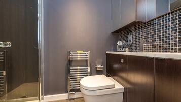 Shower, free toiletries, towels