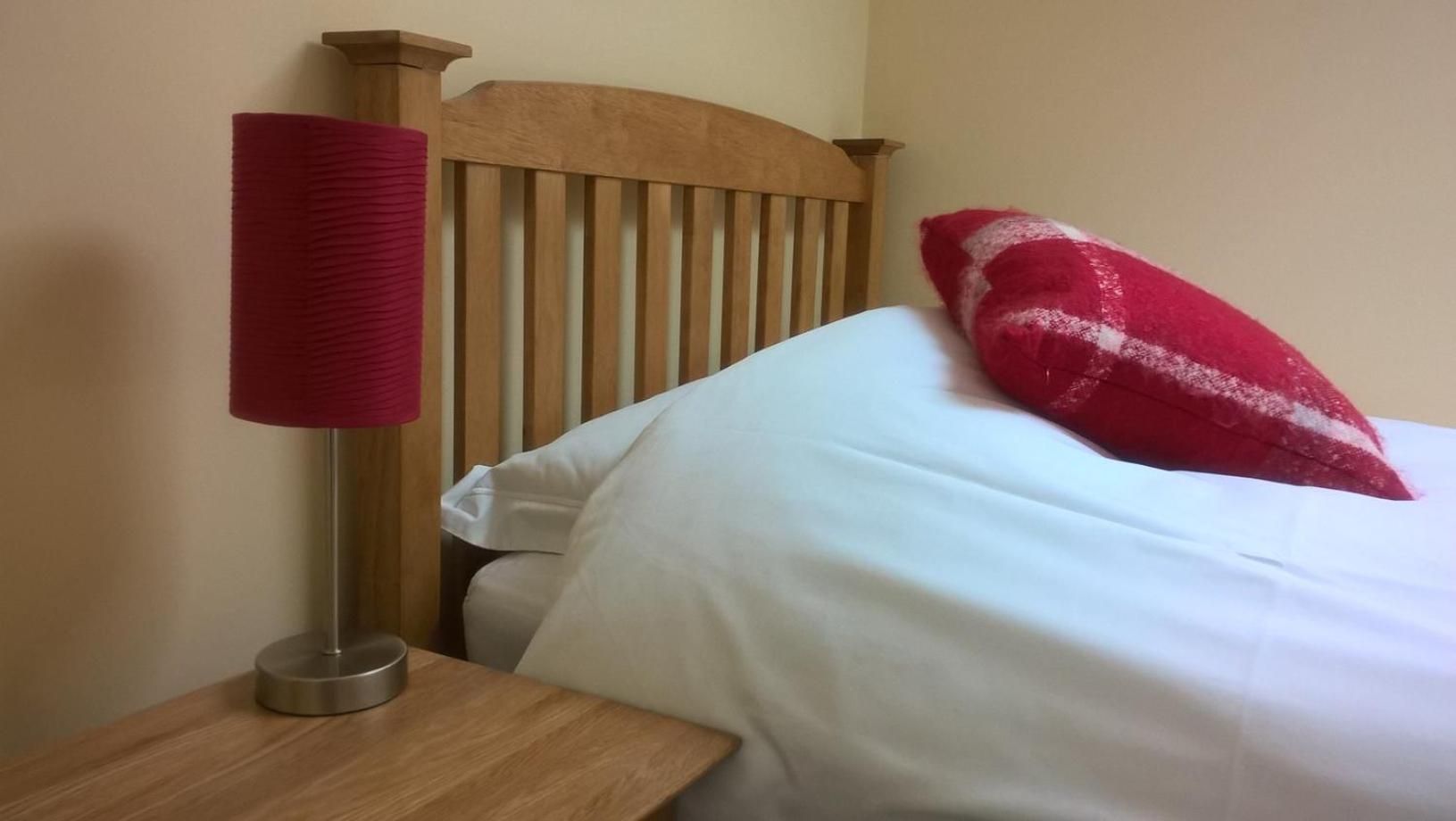 Een bed met witte beddengoed en een rood kussen, een houten hoofdbord en een nachtkastje met een lamp.