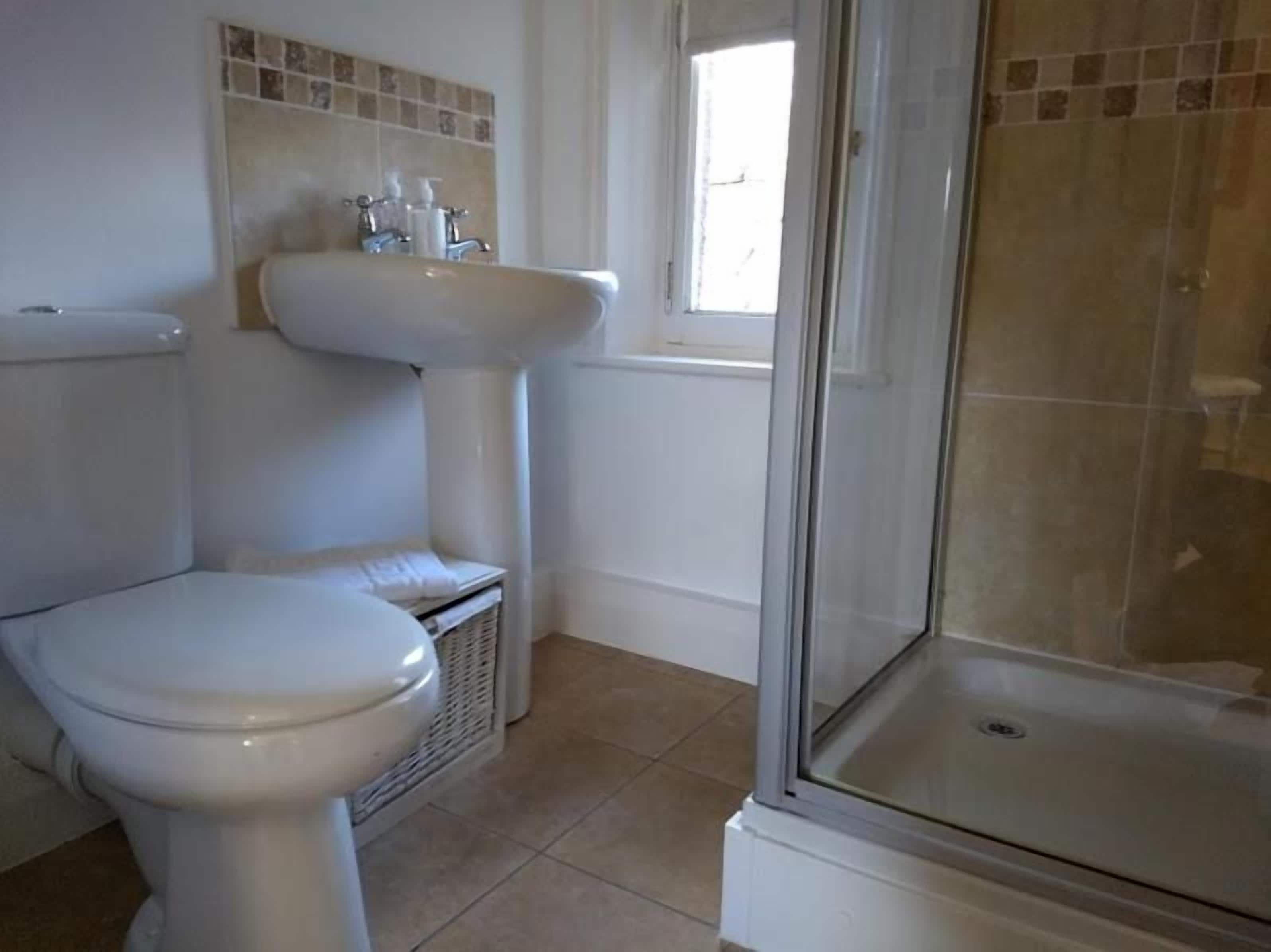 Un baño con inodoro, lavabo y ducha.