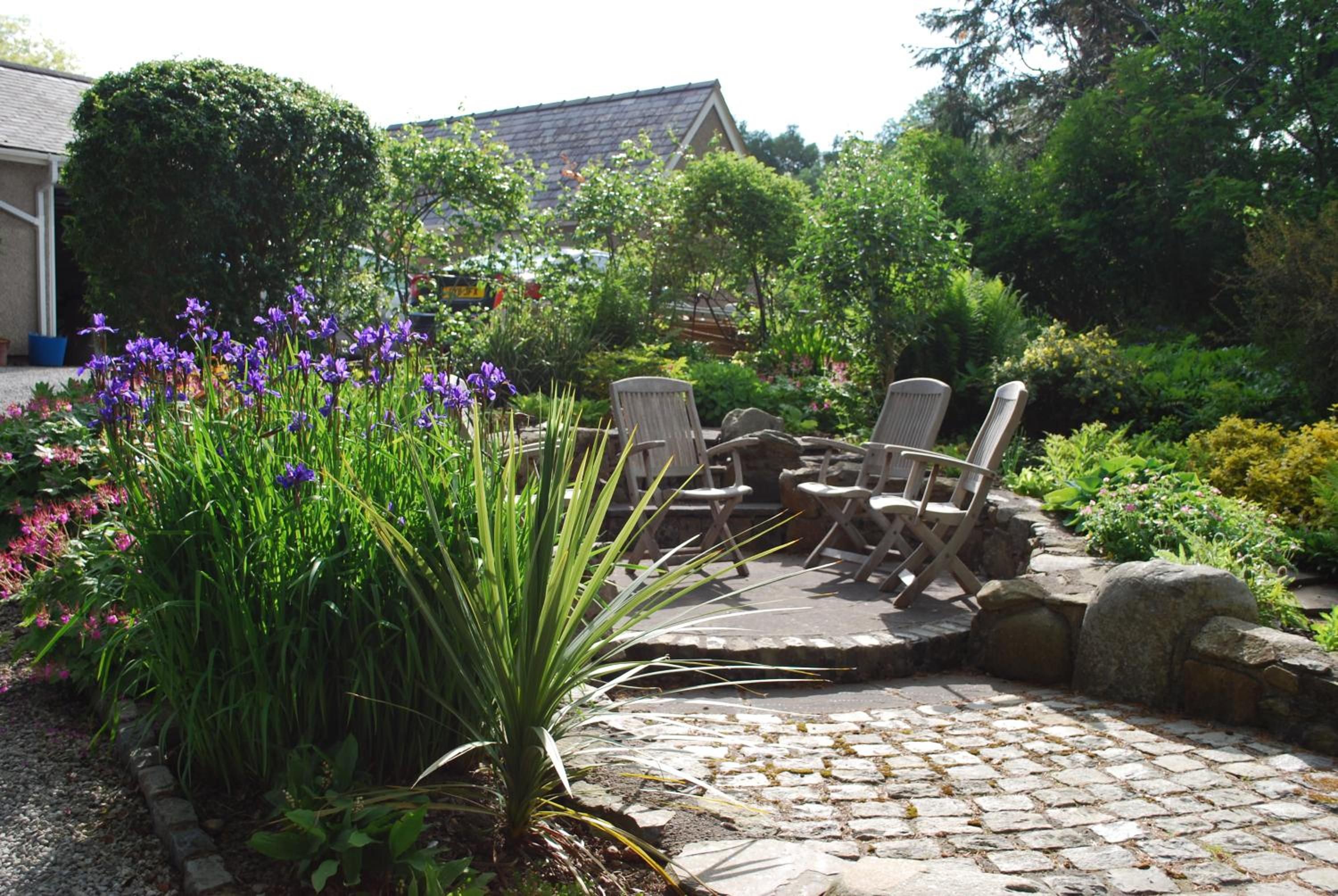 Un patio exterior con suelo de piedra, rodeado de vegetación exuberante y flores moradas.