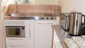 Cocina compacta con lavamanos, estufa, microondas y ventana con vistas.