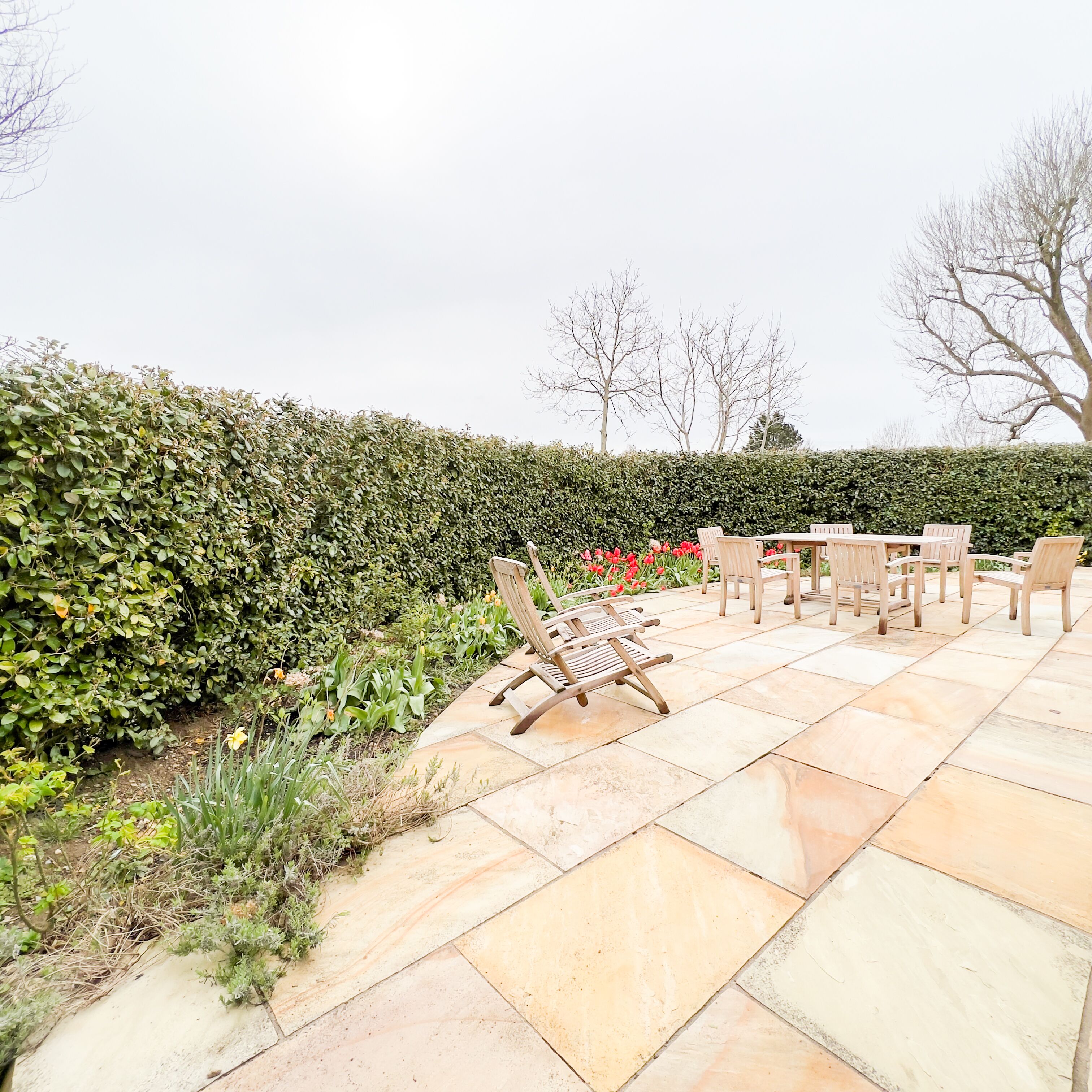 An outdoor patio with a wooden table and chairs, surrounded by a hedge and flowering plants.