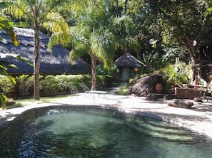Un jardín tropical con piscina cristalina, estructuras de techo de paja y abundante vegetación.