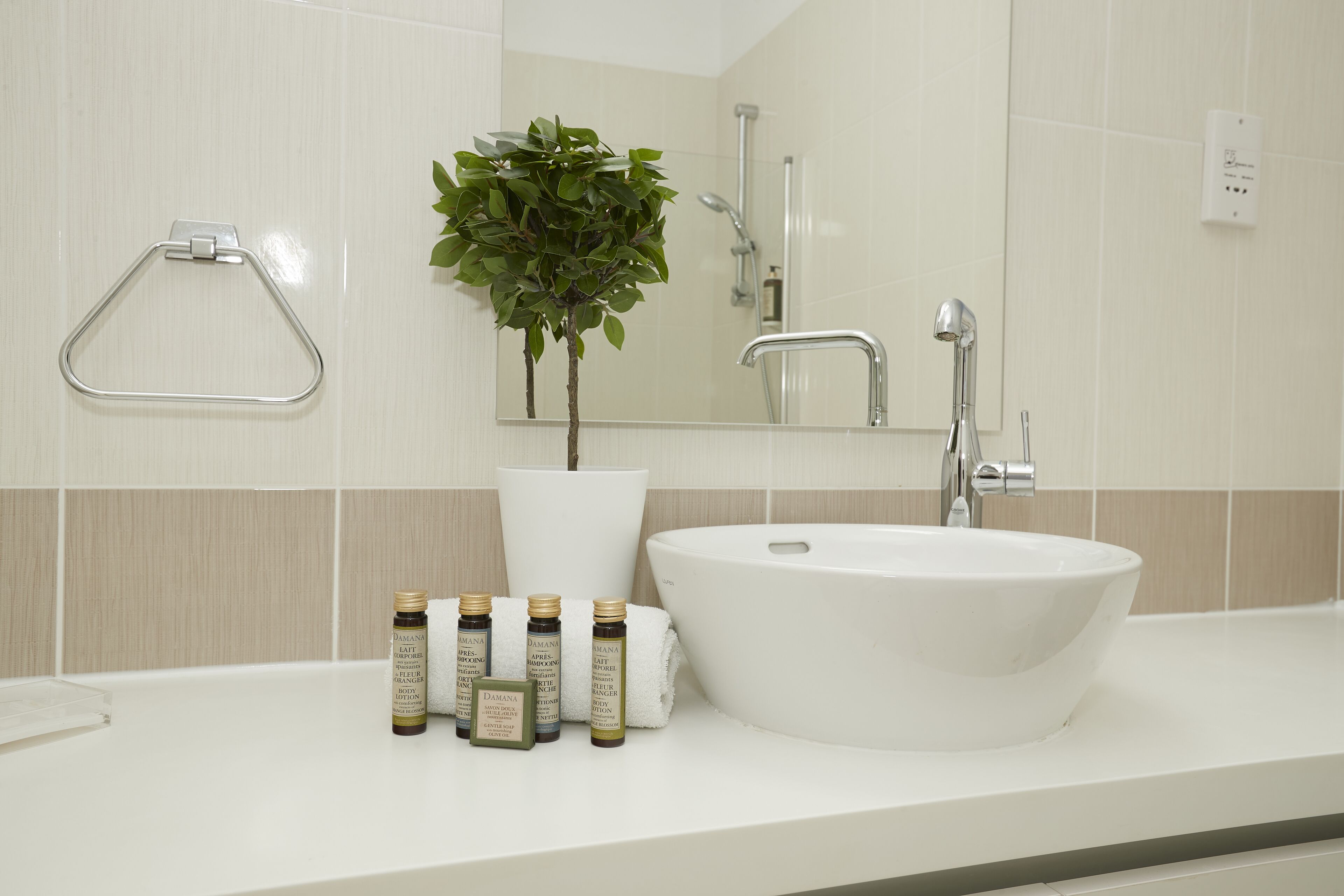 Une salle de bain avec un lavabo blanc, un miroir, un porte-serviettes, une plante en pot et plusieurs bouteilles de produits de bain.