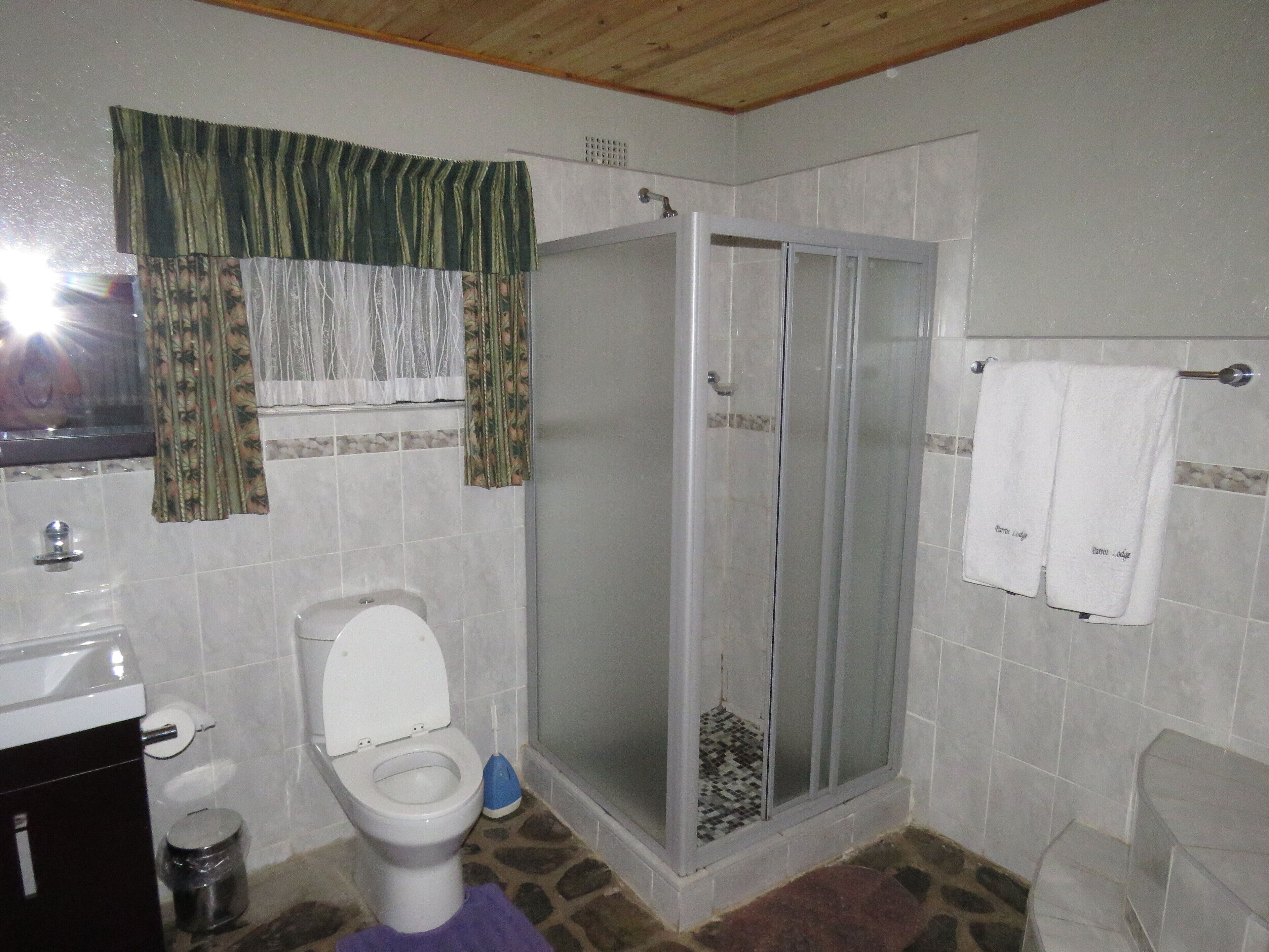 Ein Badezimmer mit Toilette, Dusche und Waschbecken.