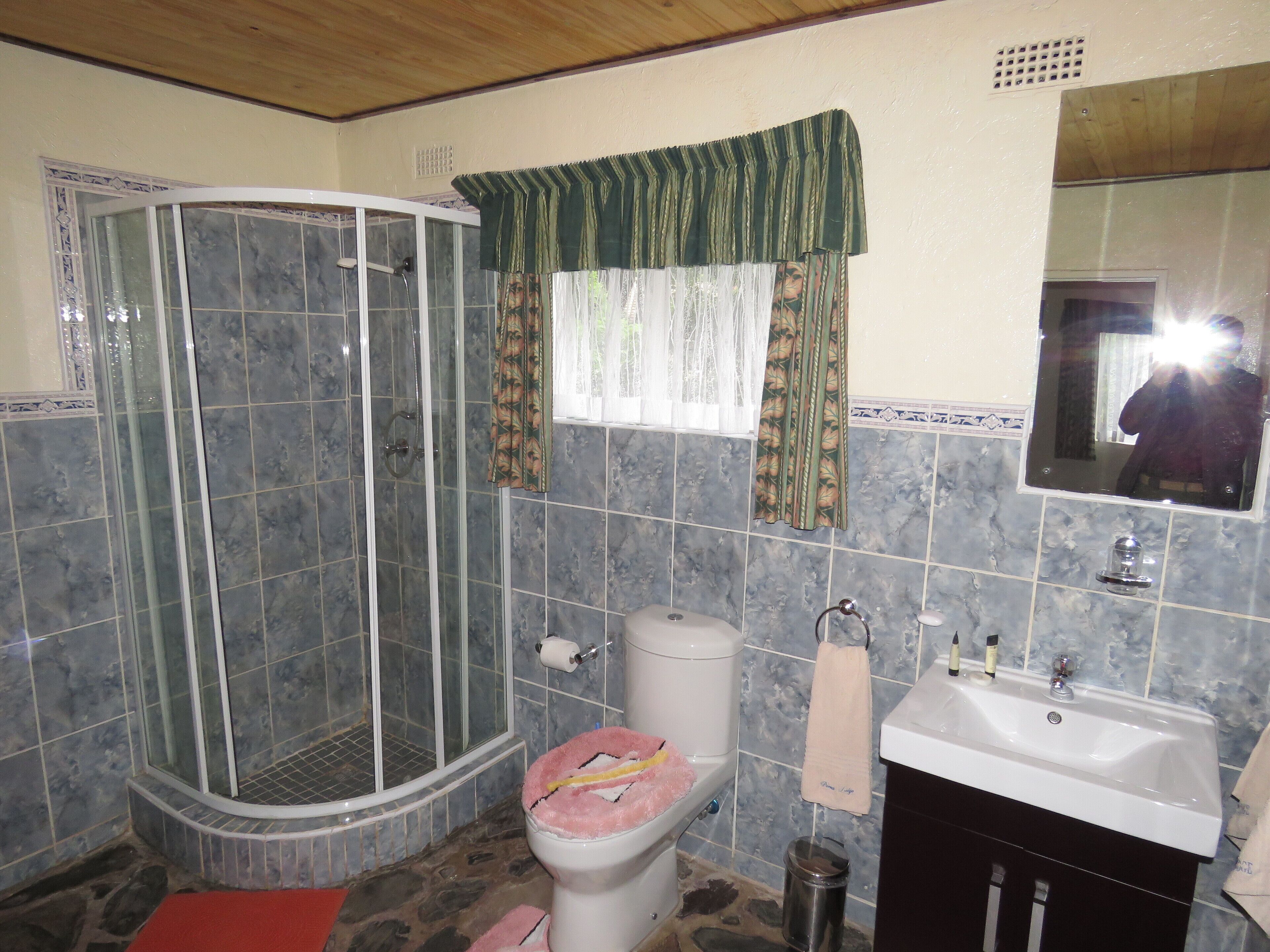 A bathroom with a shower, toilet, sink, and mirror.