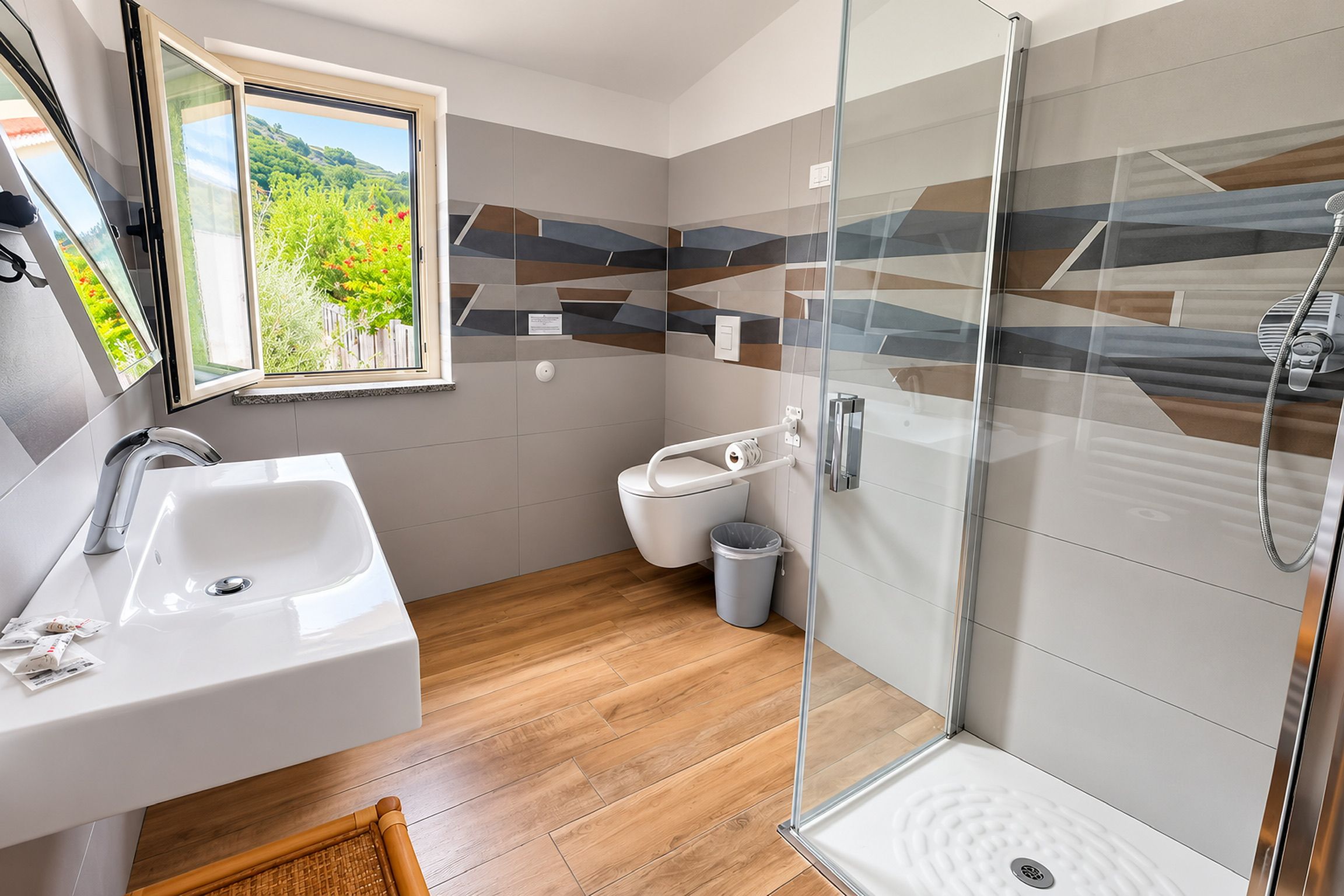 Une salle de bain moderne avec une douche à parois de verre, un lavabo blanc et des toilettes.