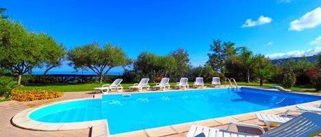 Seasonal outdoor pool, a rooftop pool, pool umbrellas, pool loungers