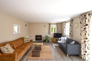 A living room with a brown leather sofa, a grey sofa, a flat-screen TV, and a fireplace. - Gwithian Holidays, Godrevy House (Hayle)