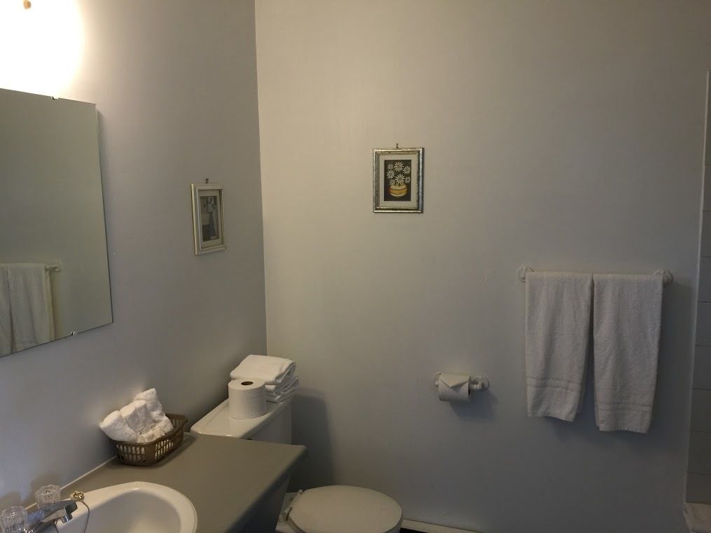 A bathroom with a sink, toilet, and two towels hanging on the wall.