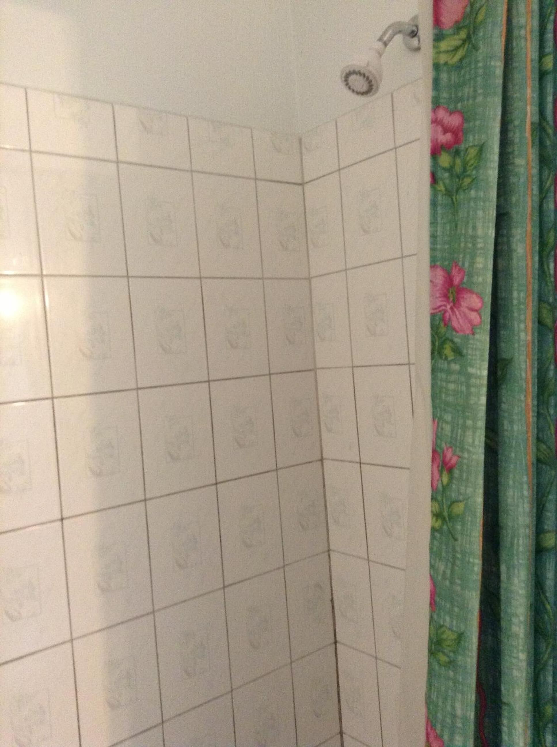 Un área de ducha con azulejos y una cortina con motivos florales.