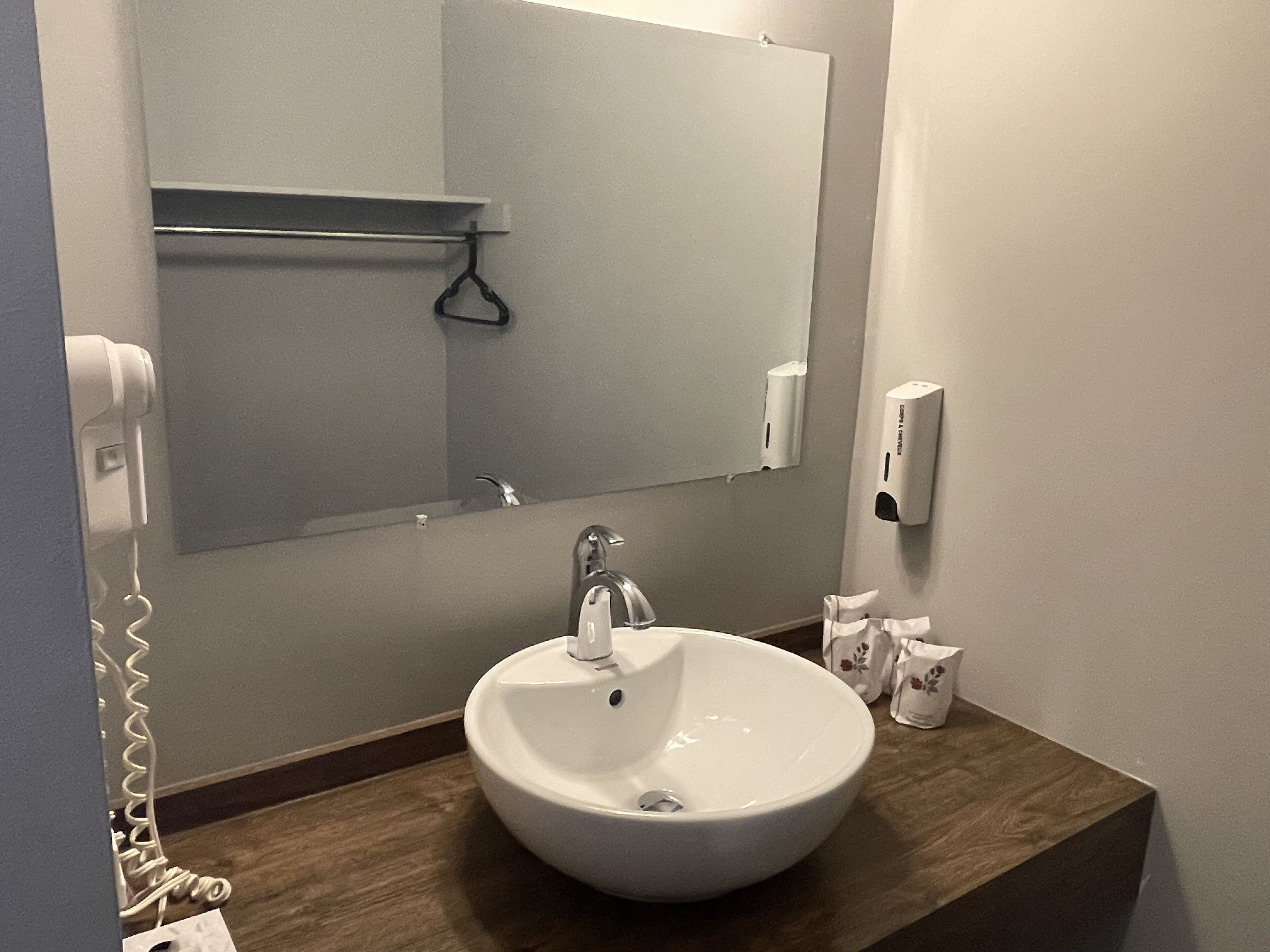 A bathroom with a white sink, a mirror, a towel dispenser, and a hairdryer.