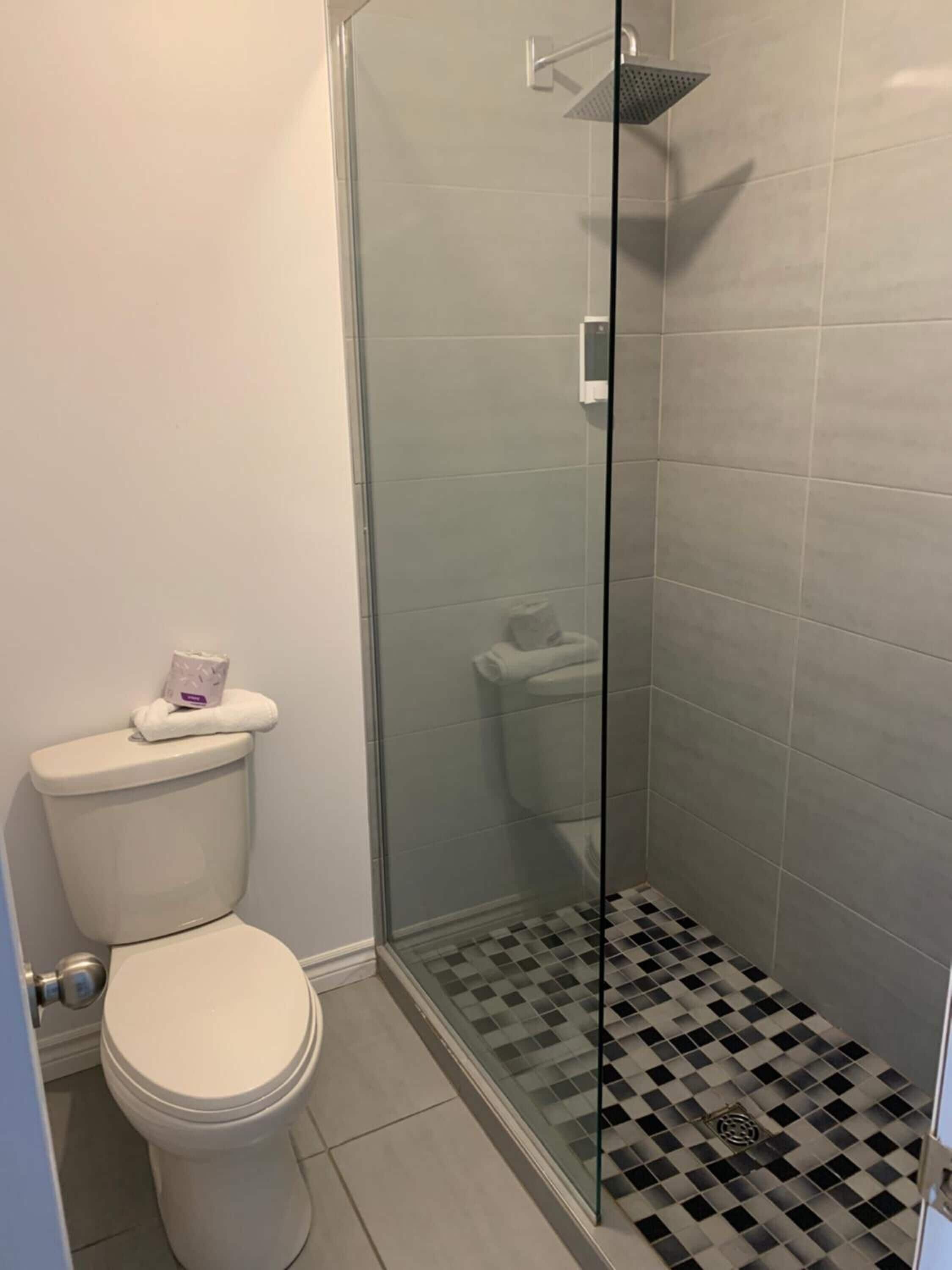 A bathroom with a toilet, a glass shower enclosure, and a checkered floor.