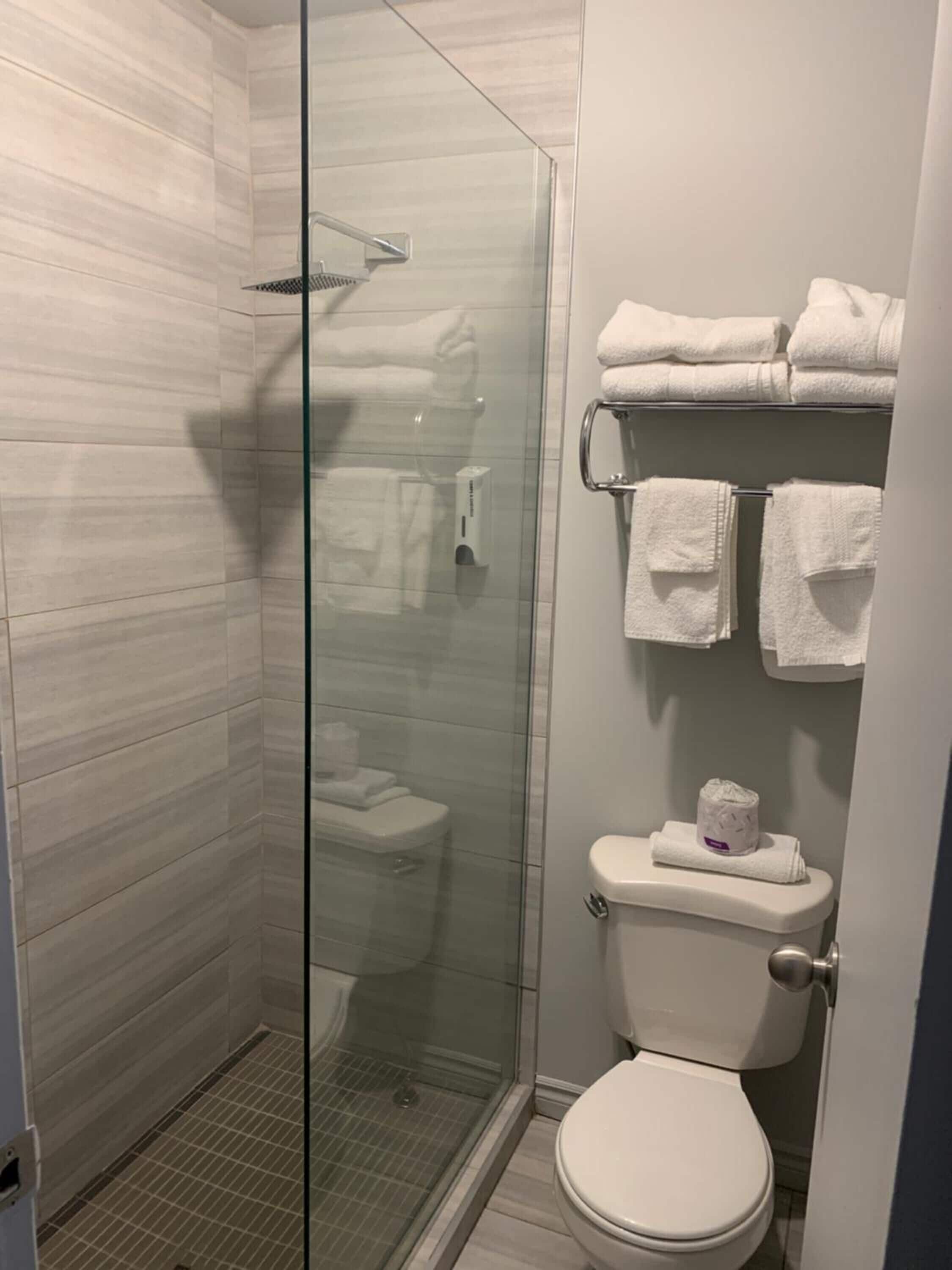 Een moderne badkamer met een douchecabine, een toilet en een handdoekrek met netjes opgevouwen handdoeken.