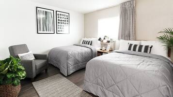 Desk, bed sheets, wheelchair access