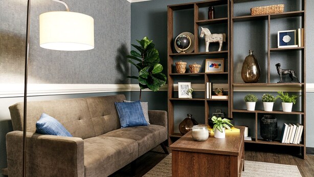 A living room with a sofa, a coffee table, a floor lamp, a bookshelf, and a potted plant.