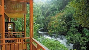 A wooden balcony overlooking a lush green forest and a flowing river. - Vythiri Resort (Vythiri)