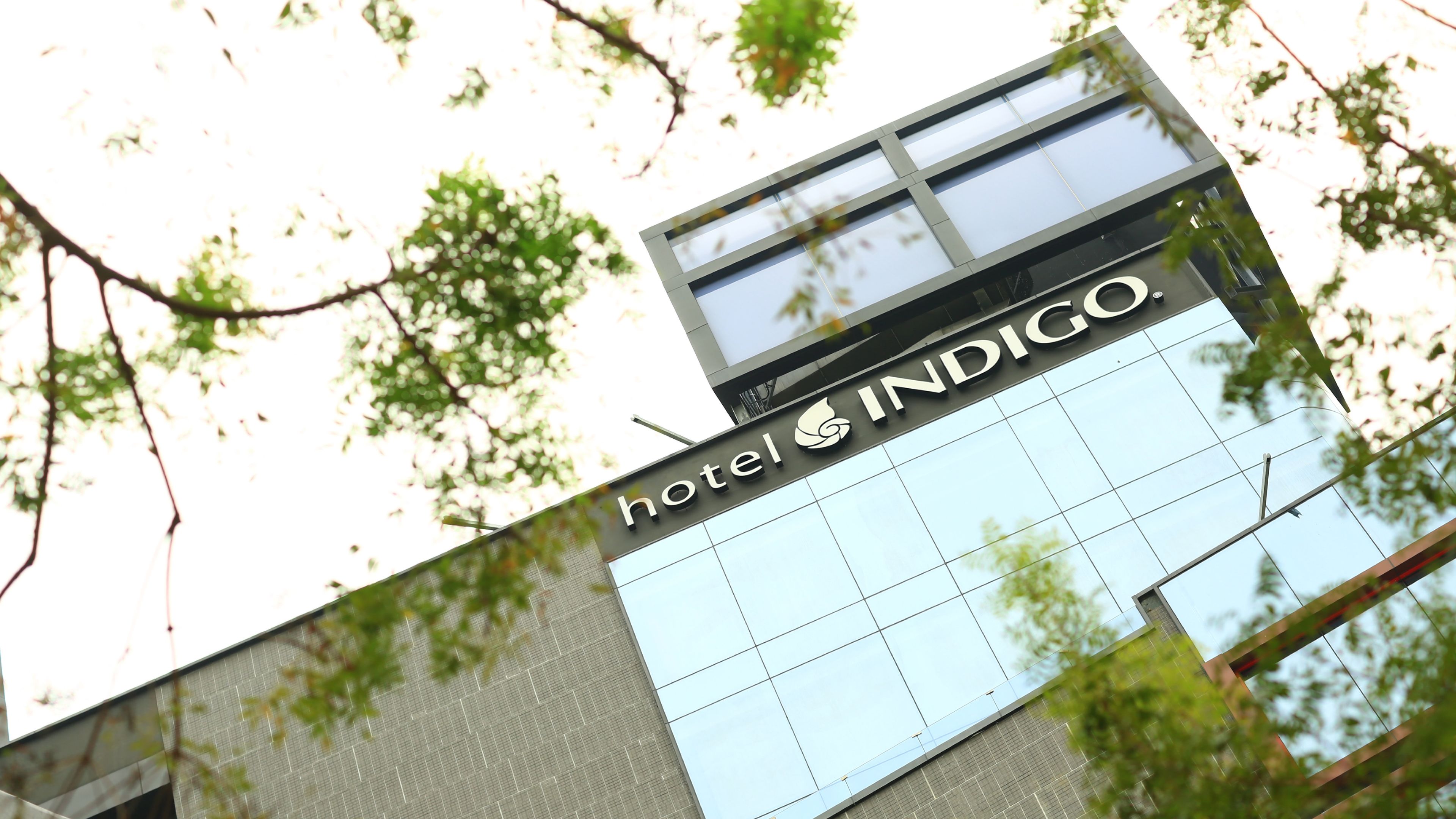 A hotel sign with the name 'Indigo' and a modern building facade.