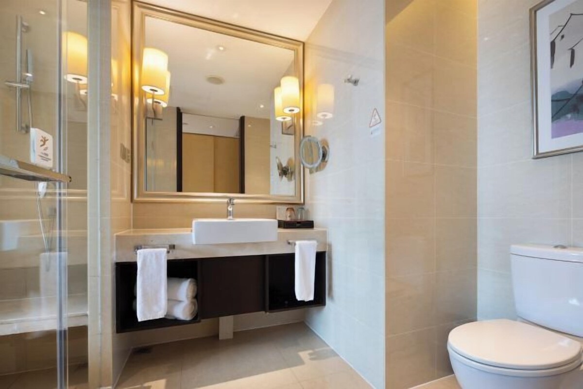 A modern bathroom with a glass shower enclosure, a large mirror, a white sink, and a toilet.