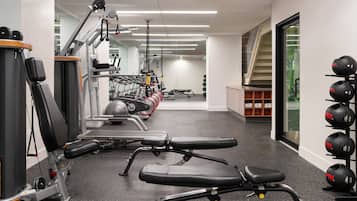 A gym with exercise equipment, a bench, and a rack of weights.