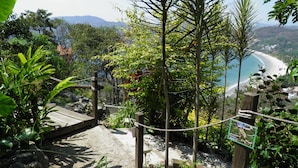Un escalier bordé d’une végétation luxuriante menant à un point de vue sur la plage.