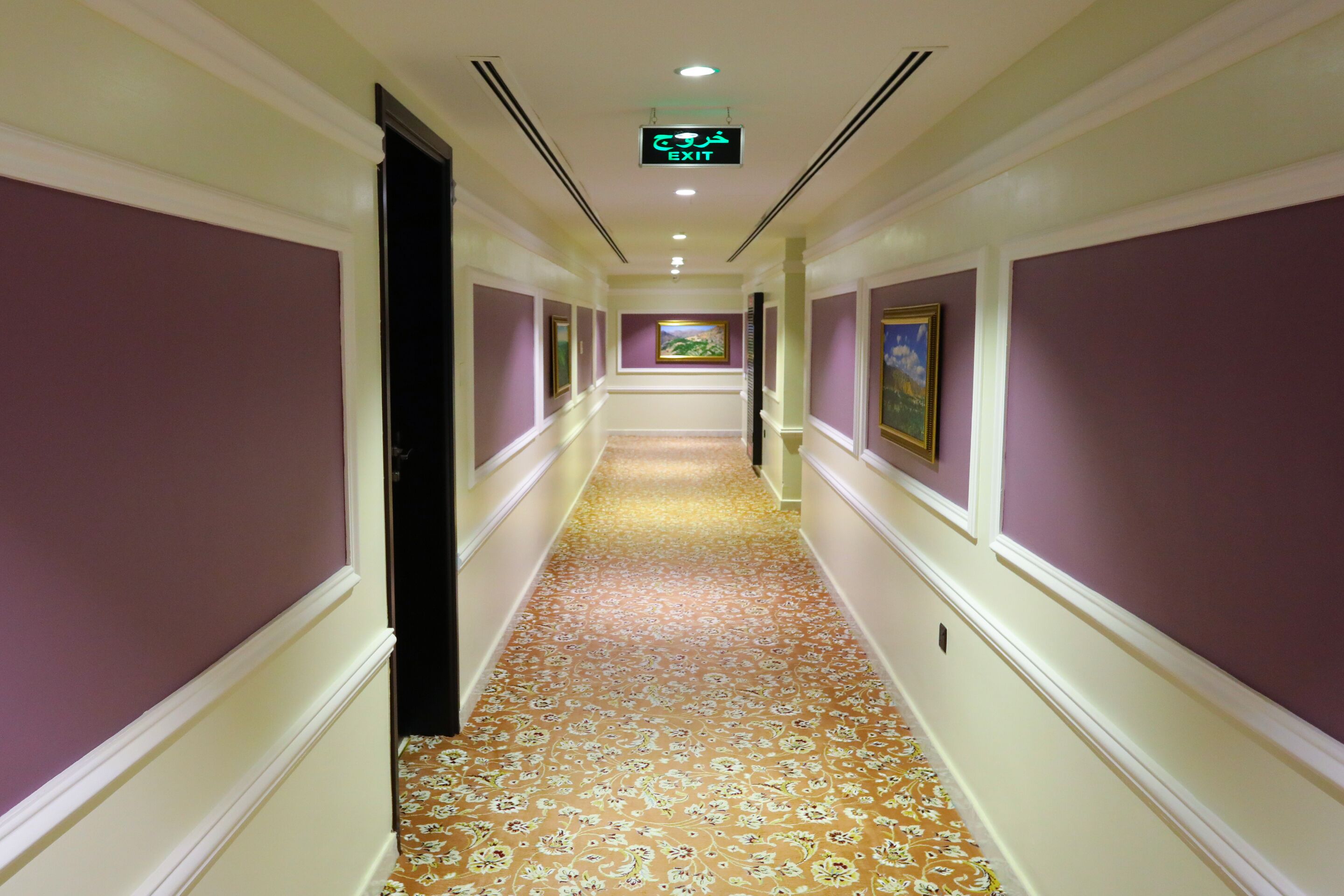 A hallway with patterned carpet, purple walls, and framed artwork on the walls.
